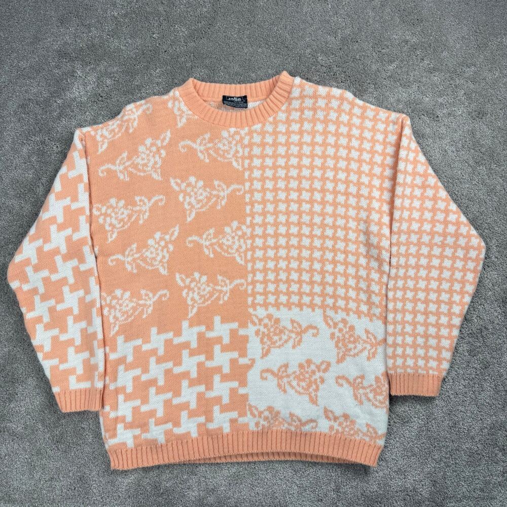 Jolie Peach Floral Houndstooth Colorblock Knit Sweater Size M Grandma Preppy
